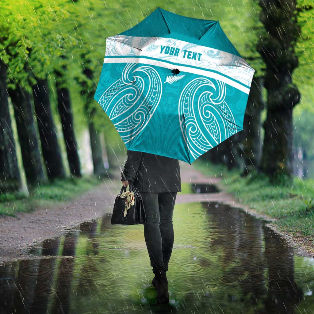 New Zealand Silver Fern Cricket Custom Umbrella Black Cap Teal Maori Pattern - Polynesian Pride