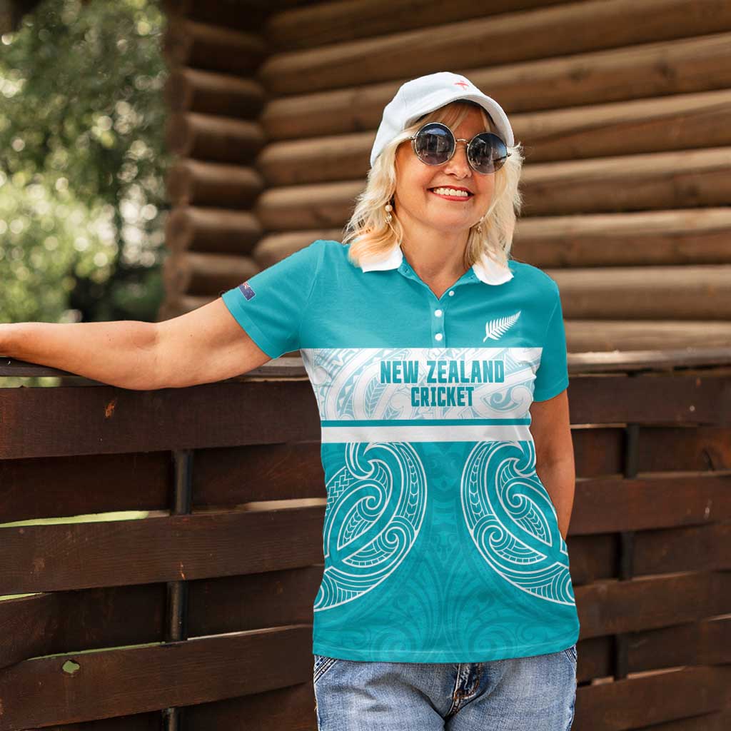 New Zealand Silver Fern Cricket Custom Women Polo Shirt Black Cap Teal Maori Pattern - Polynesian Pride