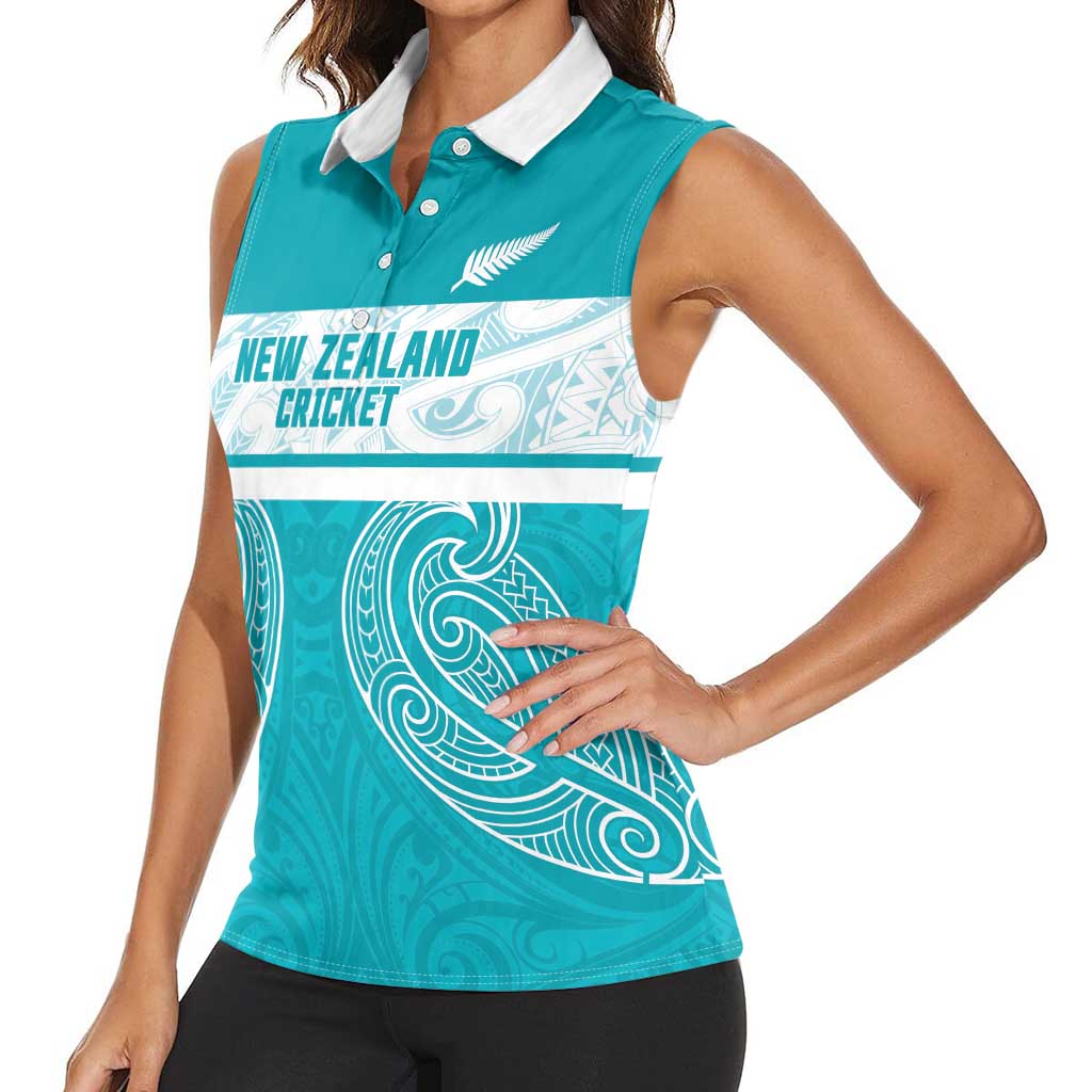 New Zealand Silver Fern Cricket Custom Women Sleeveless Polo Shirt Black Cap Teal Maori Pattern - Polynesian Pride