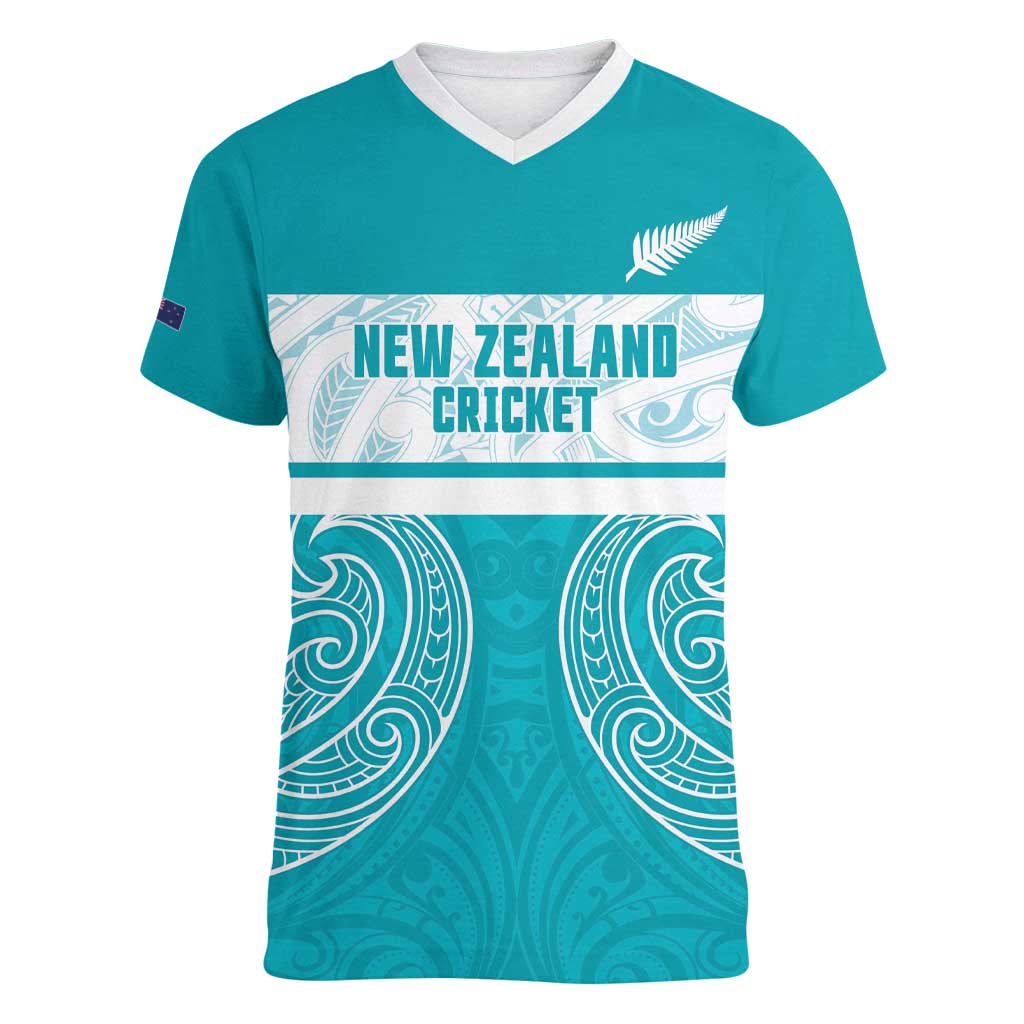 New Zealand Silver Fern Cricket Custom Women V-Neck T-Shirt Black Cap Teal Maori Pattern - Polynesian Pride
