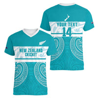 New Zealand Silver Fern Cricket Custom Women V-Neck T-Shirt Black Cap Teal Maori Pattern - Polynesian Pride