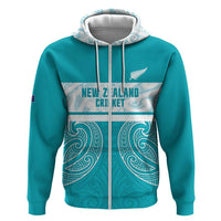 New Zealand Silver Fern Cricket Custom Zip Hoodie Black Cap Teal Maori Pattern - Polynesian Pride