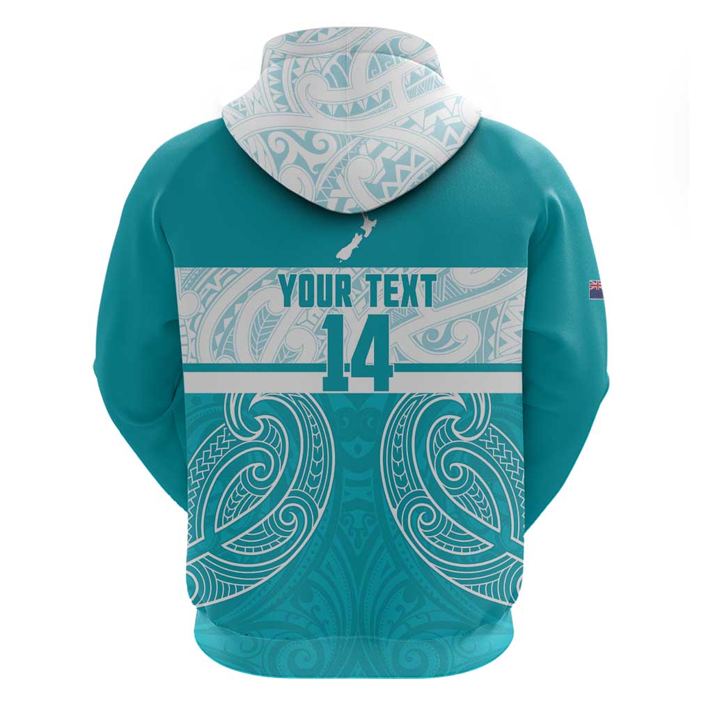 New Zealand Silver Fern Cricket Custom Zip Hoodie Black Cap Teal Maori Pattern - Polynesian Pride