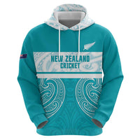 New Zealand Silver Fern Cricket Custom Zip Hoodie Black Cap Teal Maori Pattern - Polynesian Pride