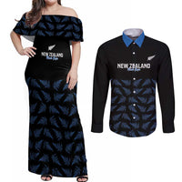 New Zealand Silver Fern Cricket Custom Couples Matching Off Shoulder Maxi Dress and Long Sleeve Button Shirt Black Cap T20 Version - Polynesian Pride