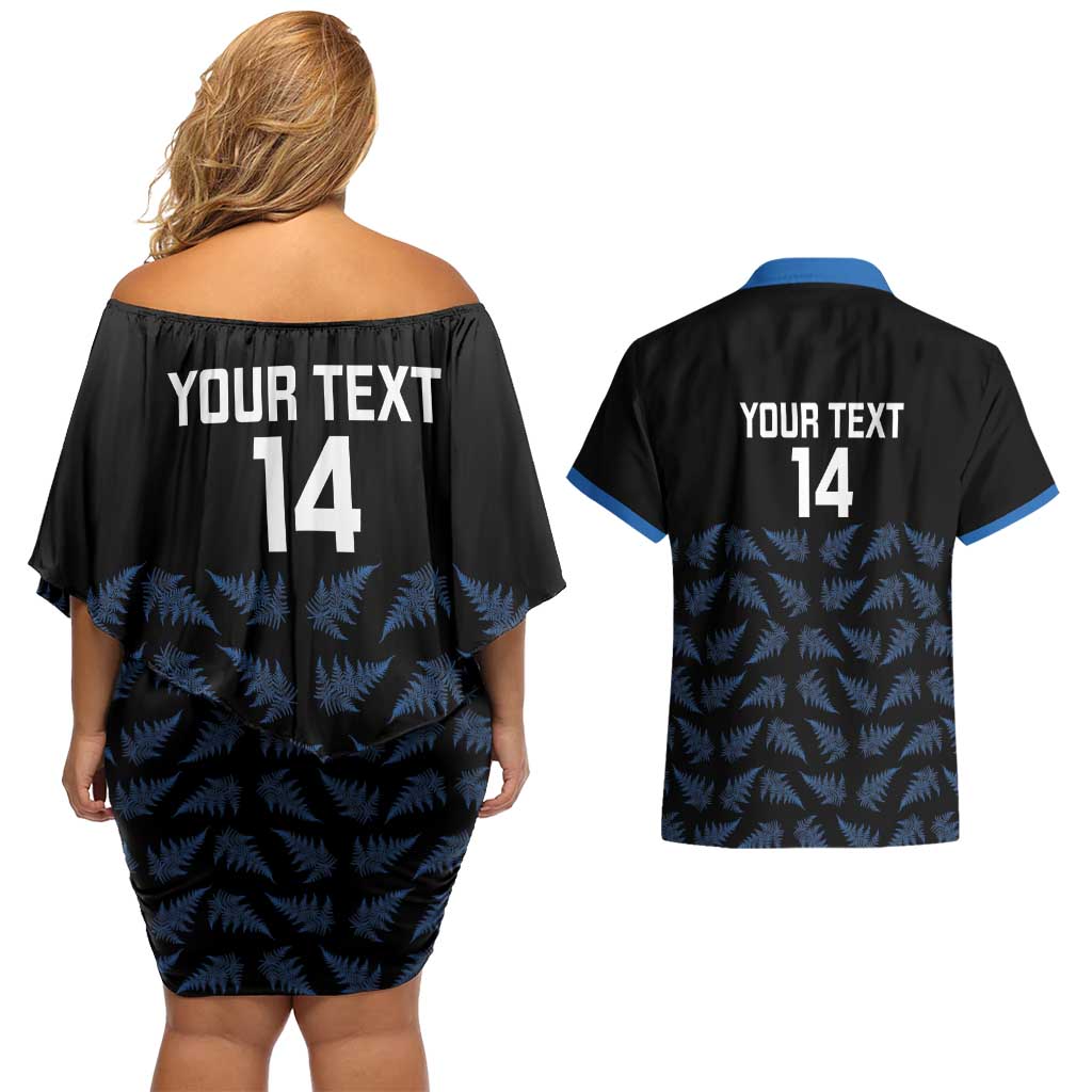 New Zealand Silver Fern Cricket Custom Couples Matching Off Shoulder Short Dress and Hawaiian Shirt Black Cap T20 Version - Polynesian Pride