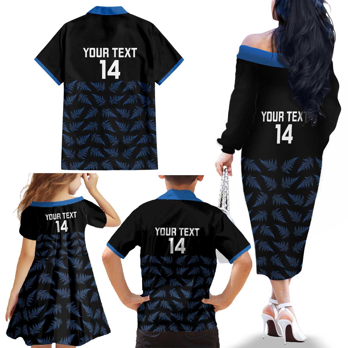 New Zealand Silver Fern Cricket Custom Family Matching Off The Shoulder Long Sleeve Dress and Hawaiian Shirt Black Cap T20 Version - Polynesian Pride