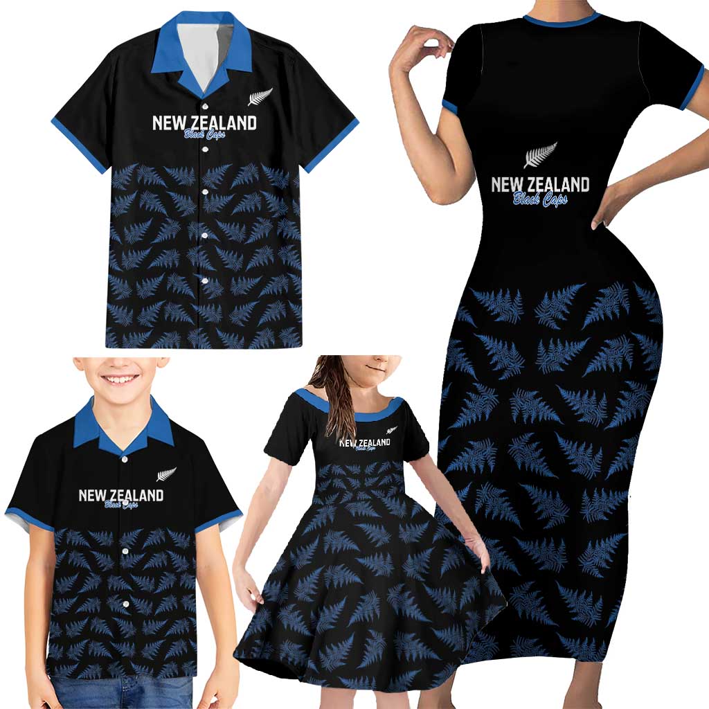 New Zealand Silver Fern Cricket Custom Family Matching Short Sleeve Bodycon Dress and Hawaiian Shirt Black Cap T20 Version - Polynesian Pride