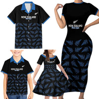 New Zealand Silver Fern Cricket Custom Family Matching Short Sleeve Bodycon Dress and Hawaiian Shirt Black Cap T20 Version - Polynesian Pride