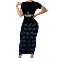 New Zealand Silver Fern Cricket Custom Family Matching Short Sleeve Bodycon Dress and Hawaiian Shirt Black Cap T20 Version - Polynesian Pride