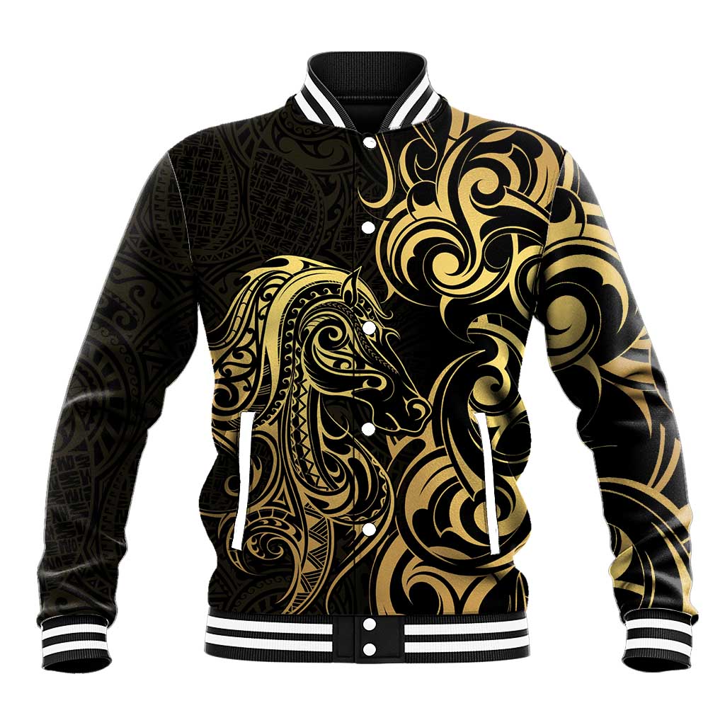 Gold And Black Aotearoa Horse Racing Baseball Jacket NZ Maori Pattern LT14 Unisex Black - Polynesian Pride