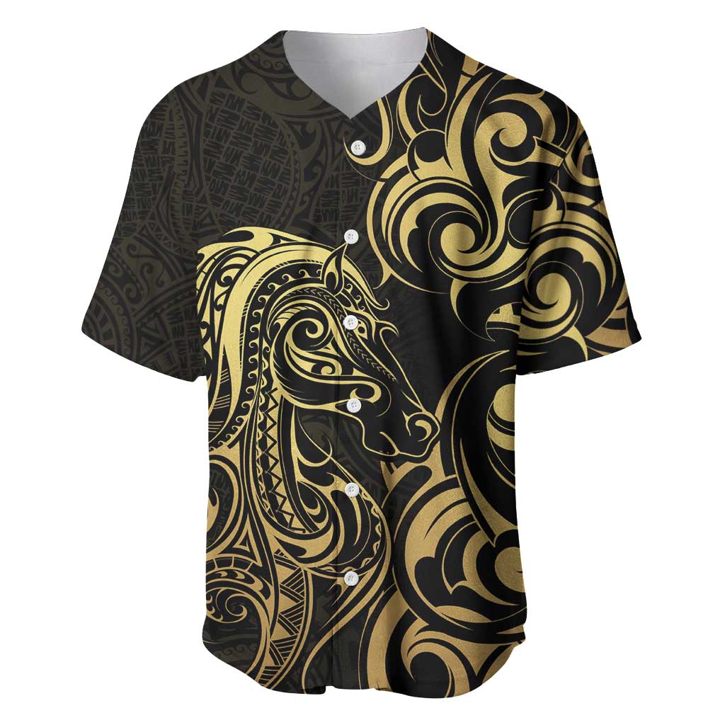 Gold And Black Aotearoa Horse Racing Baseball Jersey NZ Maori Pattern LT14 Black - Polynesian Pride
