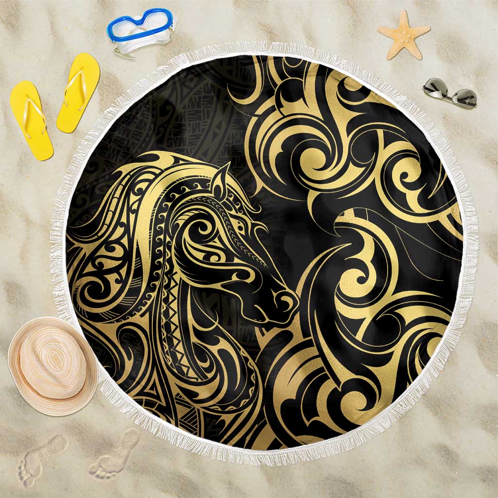 Gold And Black Aoteara Horse Racing Beach Blanket NZ Maori Pattern