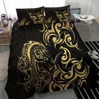 Gold And Black Aoteara Horse Racing Bedding Set NZ Maori Pattern