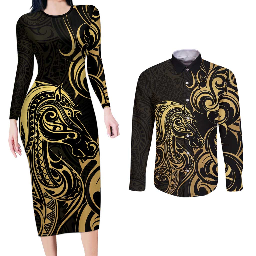 Gold And Black Aoteara Horse Racing Couples Matching Long Sleeve Bodycon Dress and Long Sleeve Button Shirt NZ Maori Pattern