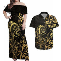 Gold And Black Aotearoa Horse Racing Couples Matching Off Shoulder Maxi Dress and Hawaiian Shirt NZ Maori Pattern LT14 Black - Polynesian Pride