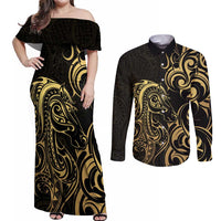 Gold And Black Aoteara Horse Racing Couples Matching Off Shoulder Maxi Dress and Long Sleeve Button Shirt NZ Maori Pattern