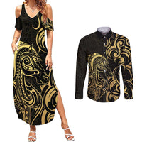 Gold And Black Aoteara Horse Racing Couples Matching Summer Maxi Dress and Long Sleeve Button Shirt NZ Maori Pattern
