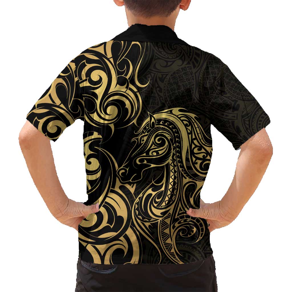 Gold And Black Aotearoa Horse Racing Family Matching Off Shoulder Maxi Dress and Hawaiian Shirt NZ Maori Pattern LT14 - Polynesian Pride