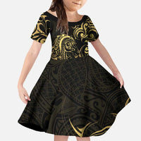 Gold And Black Aotearoa Horse Racing Family Matching Off Shoulder Maxi Dress and Hawaiian Shirt NZ Maori Pattern LT14 Daughter's Dress Black - Polynesian Pride