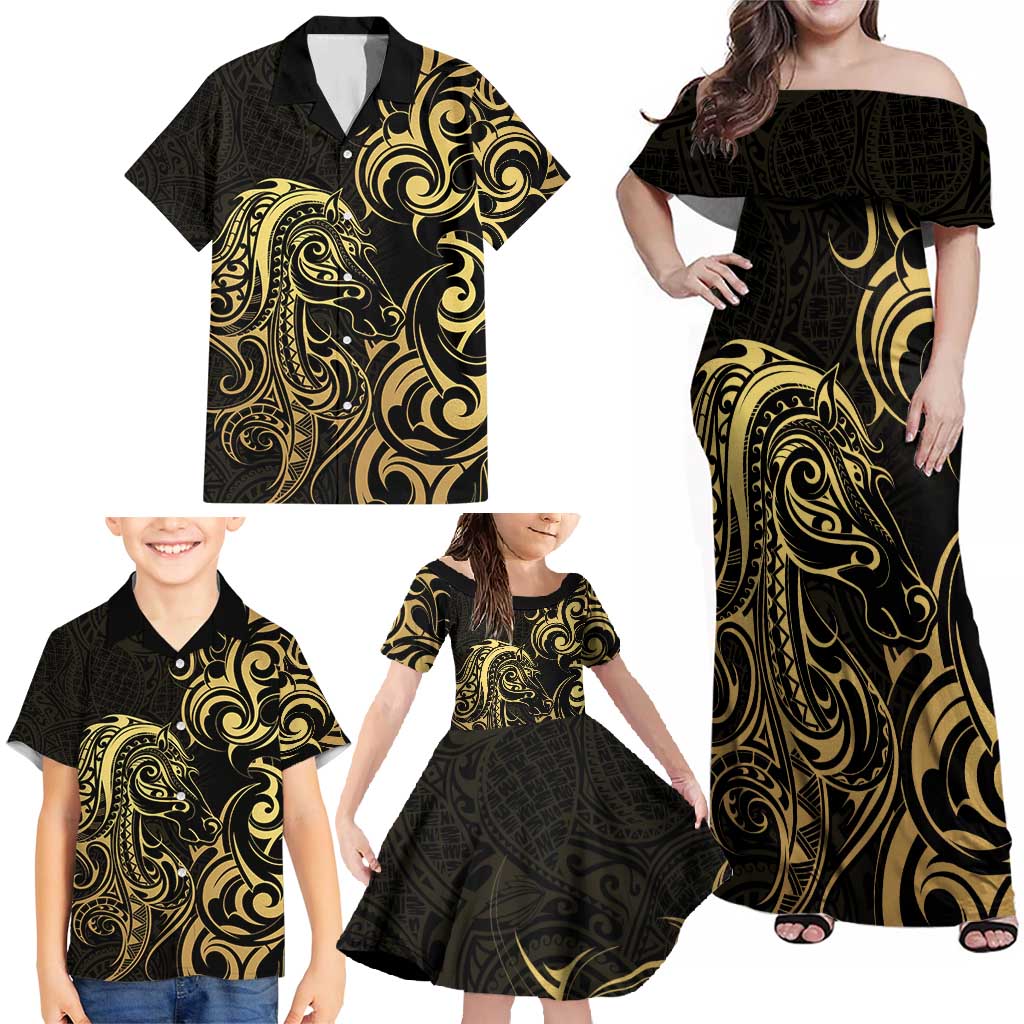 Gold And Black Aotearoa Horse Racing Family Matching Off Shoulder Maxi Dress and Hawaiian Shirt NZ Maori Pattern LT14 - Polynesian Pride
