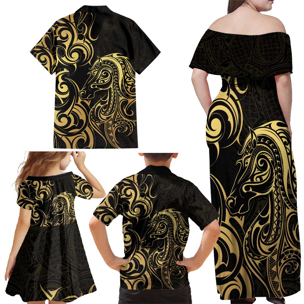 Gold And Black Aotearoa Horse Racing Family Matching Off Shoulder Maxi Dress and Hawaiian Shirt NZ Maori Pattern LT14 - Polynesian Pride