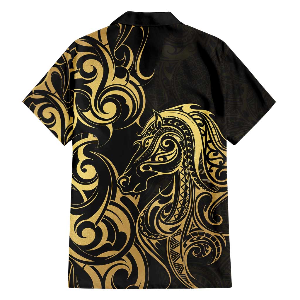 Gold And Black Aotearoa Horse Racing Family Matching Off Shoulder Maxi Dress and Hawaiian Shirt NZ Maori Pattern LT14 - Polynesian Pride