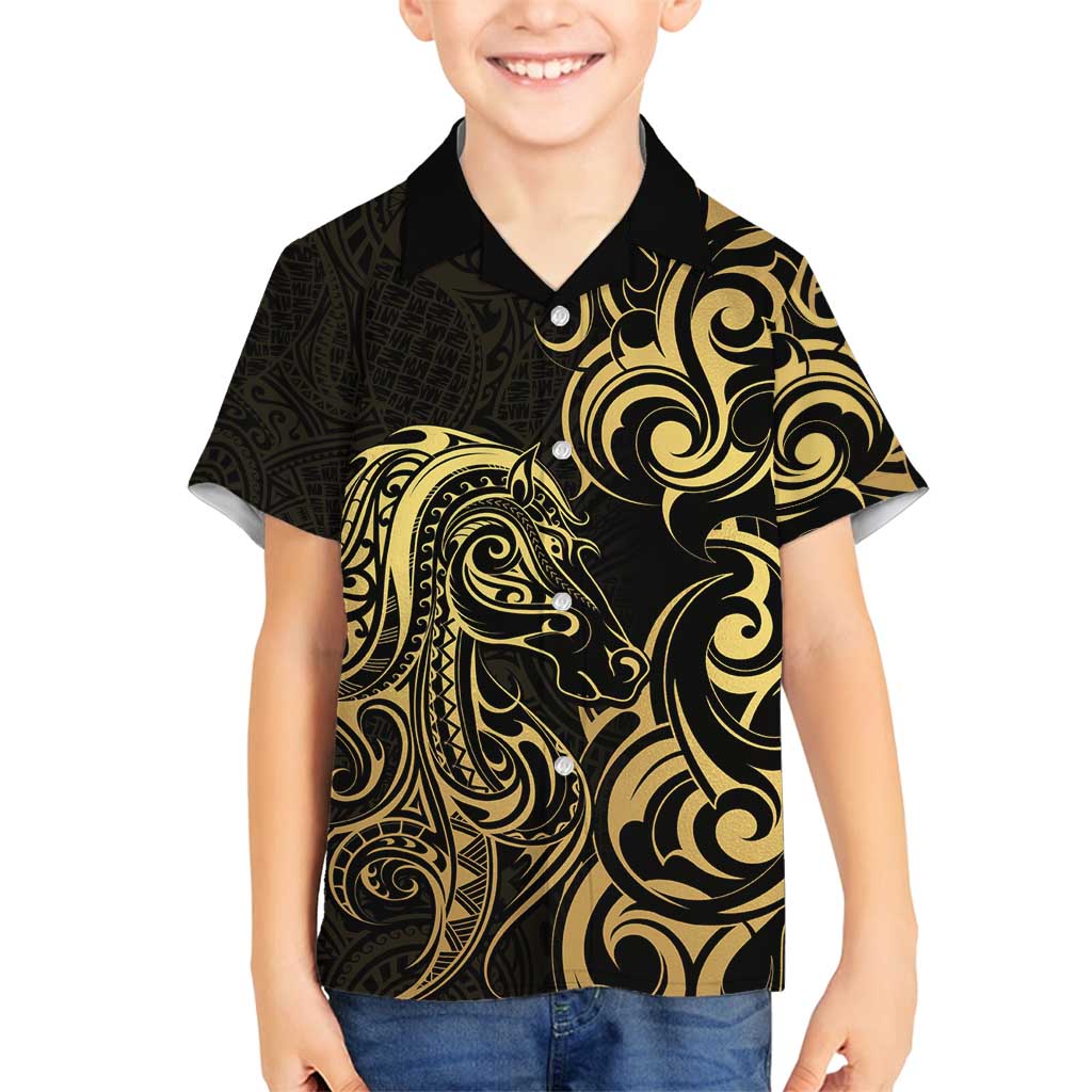 Gold And Black Aotearoa Horse Racing Family Matching Off Shoulder Maxi Dress and Hawaiian Shirt NZ Maori Pattern LT14 Son's Shirt Black - Polynesian Pride