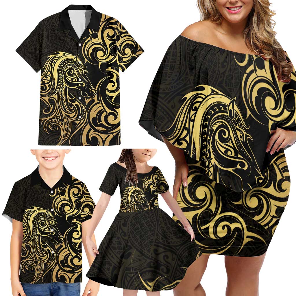 Gold And Black Aotearoa Horse Racing Family Matching Off Shoulder Short Dress and Hawaiian Shirt NZ Maori Pattern LT14 - Polynesian Pride