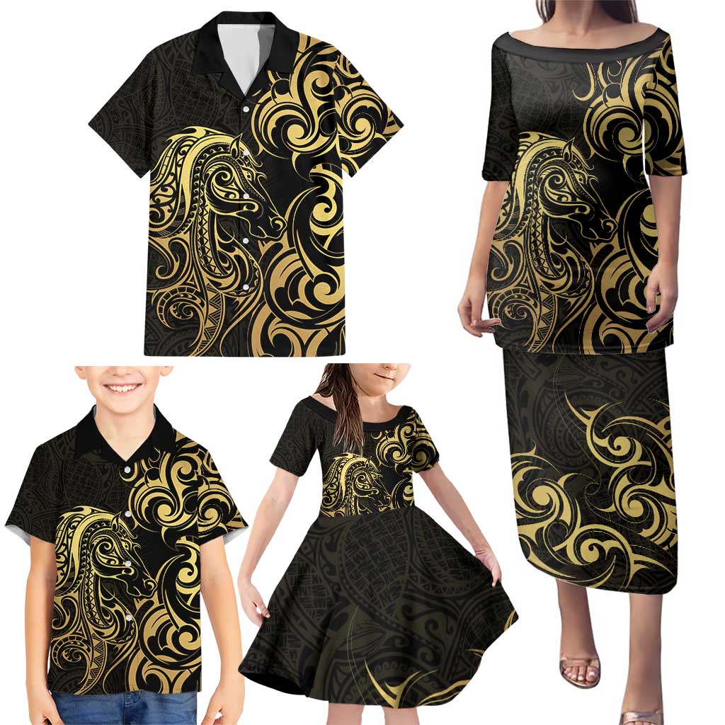 Gold And Black Aotearoa Horse Racing Family Matching Puletasi and Hawaiian Shirt NZ Maori Pattern LT14 - Polynesian Pride