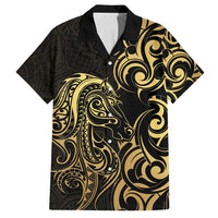 Gold And Black Aotearoa Horse Racing Family Matching Puletasi and Hawaiian Shirt NZ Maori Pattern LT14 Dad's Shirt - Short Sleeve Black - Polynesian Pride