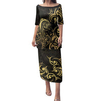 Gold And Black Aotearoa Horse Racing Family Matching Puletasi and Hawaiian Shirt NZ Maori Pattern LT14 Mom's Dress Black - Polynesian Pride