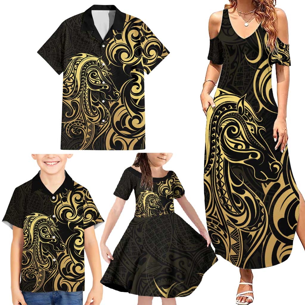 Gold And Black Aotearoa Horse Racing Family Matching Summer Maxi Dress and Hawaiian Shirt NZ Maori Pattern LT14 - Polynesian Pride