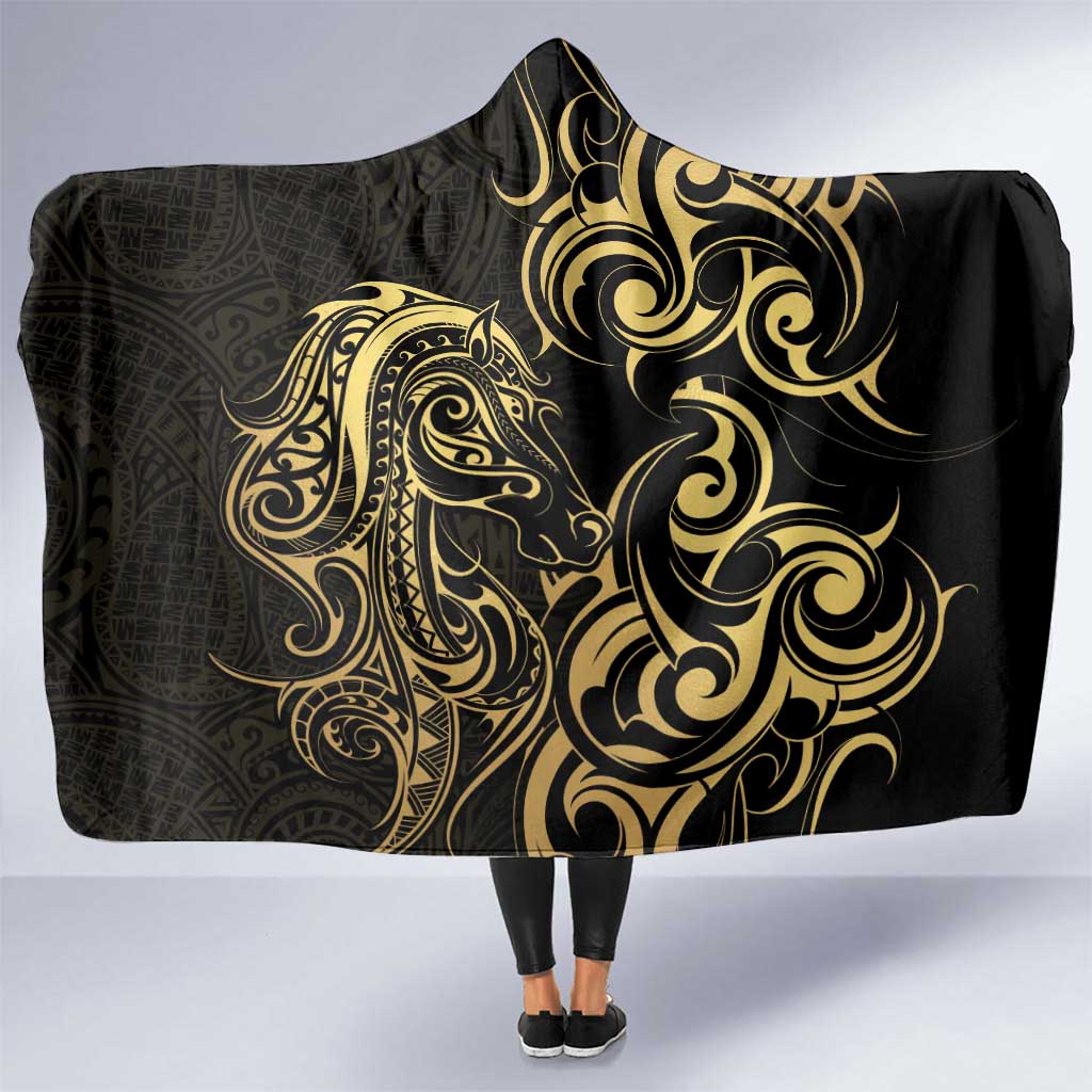 Gold And Black Aoteara Horse Racing Hooded Blanket NZ Maori Pattern