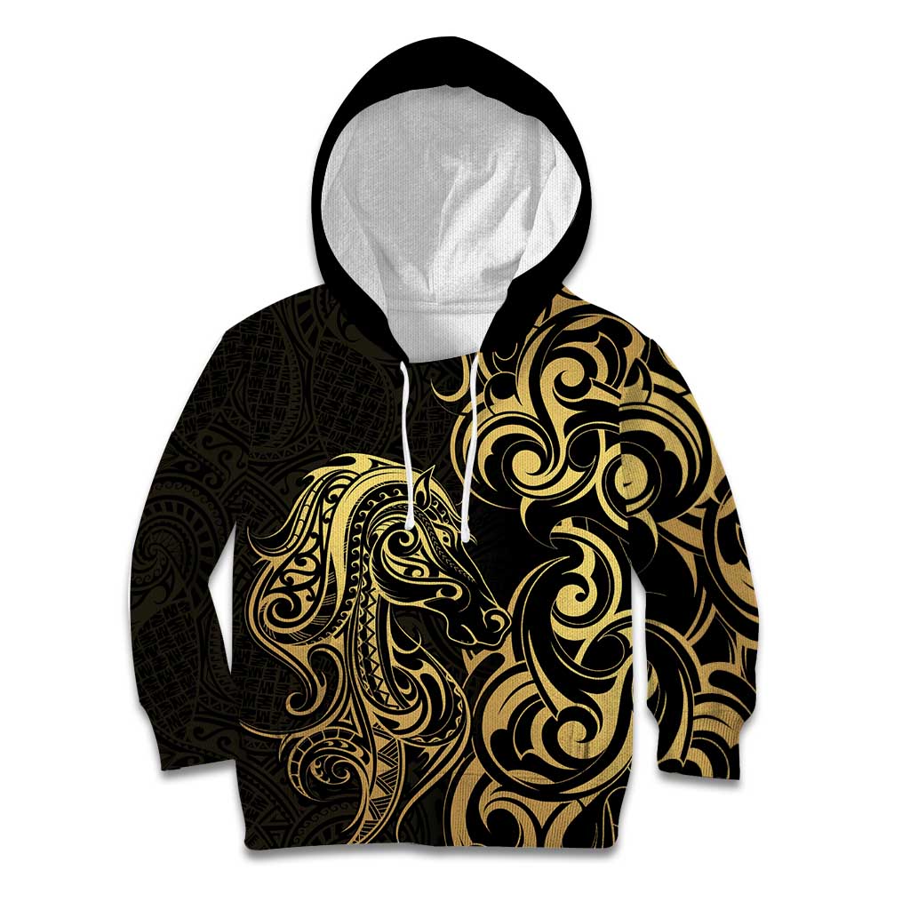 Gold And Black Aoteara Horse Racing Kid Hoodie NZ Maori Pattern