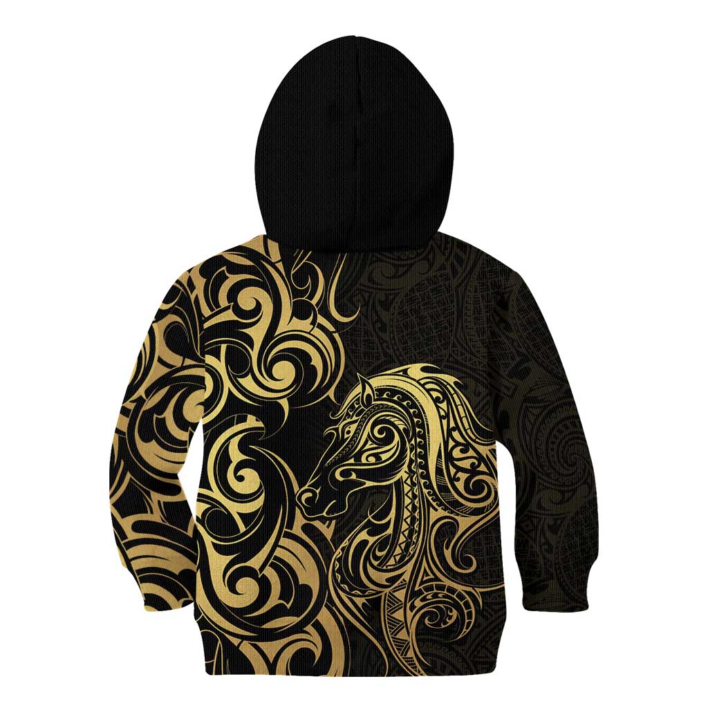 Gold And Black Aoteara Horse Racing Kid Hoodie NZ Maori Pattern
