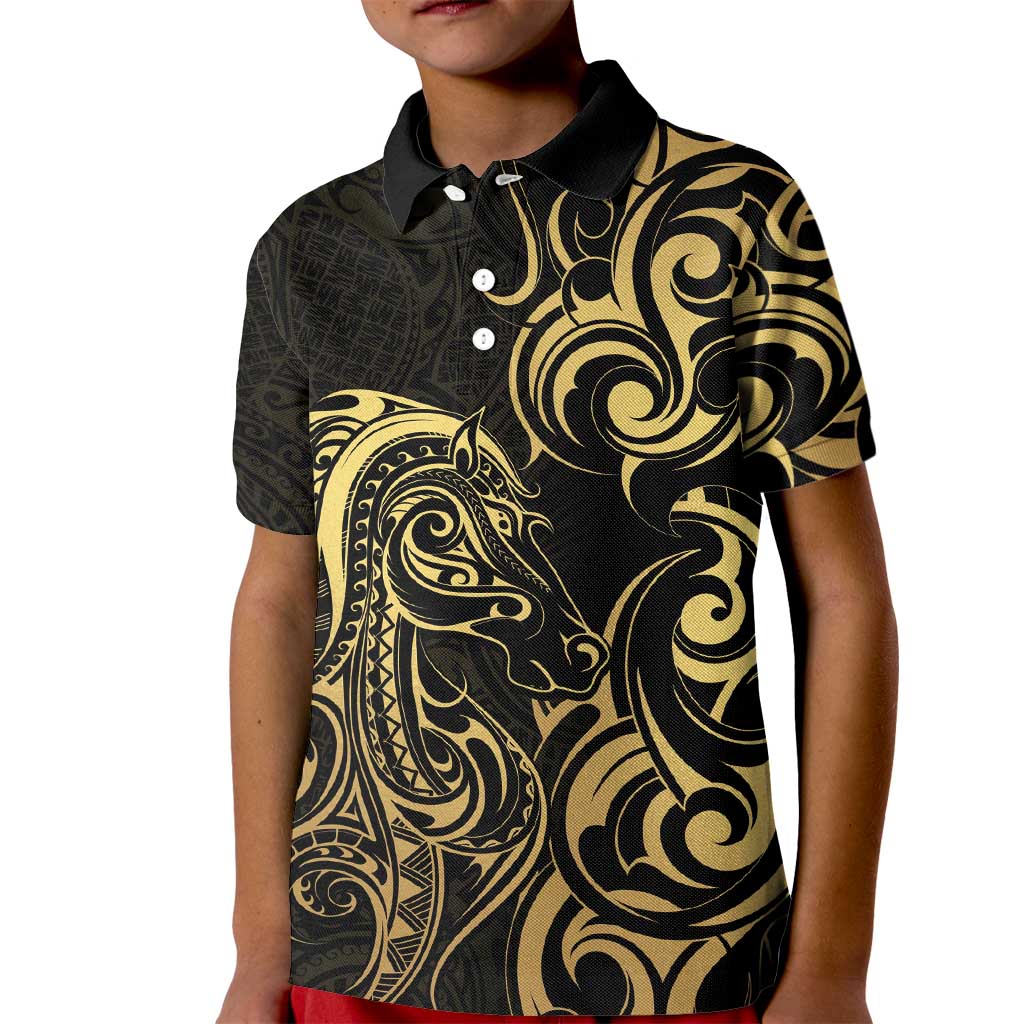 Gold And Black Aotearoa Horse Racing Kid Polo Shirt NZ Maori Pattern LT14 Kid Black - Polynesian Pride