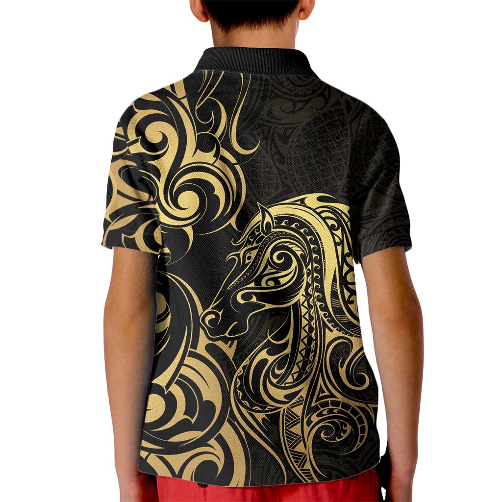 Gold And Black Aotearoa Horse Racing Kid Polo Shirt NZ Maori Pattern LT14 - Polynesian Pride