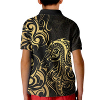 Gold And Black Aotearoa Horse Racing Kid Polo Shirt NZ Maori Pattern LT14 - Polynesian Pride