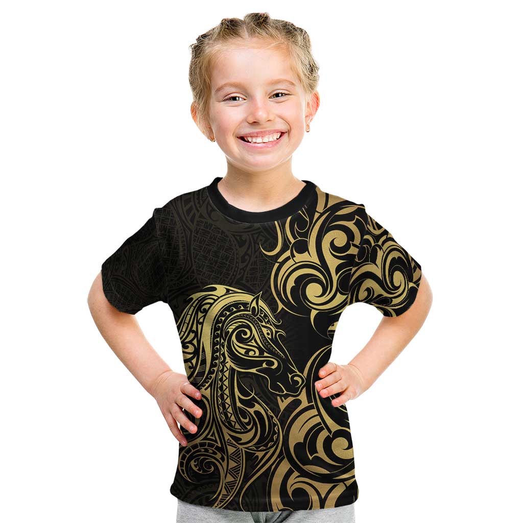 Gold And Black Aotearoa Horse Racing Kid T Shirt NZ Maori Pattern LT14 Black - Polynesian Pride