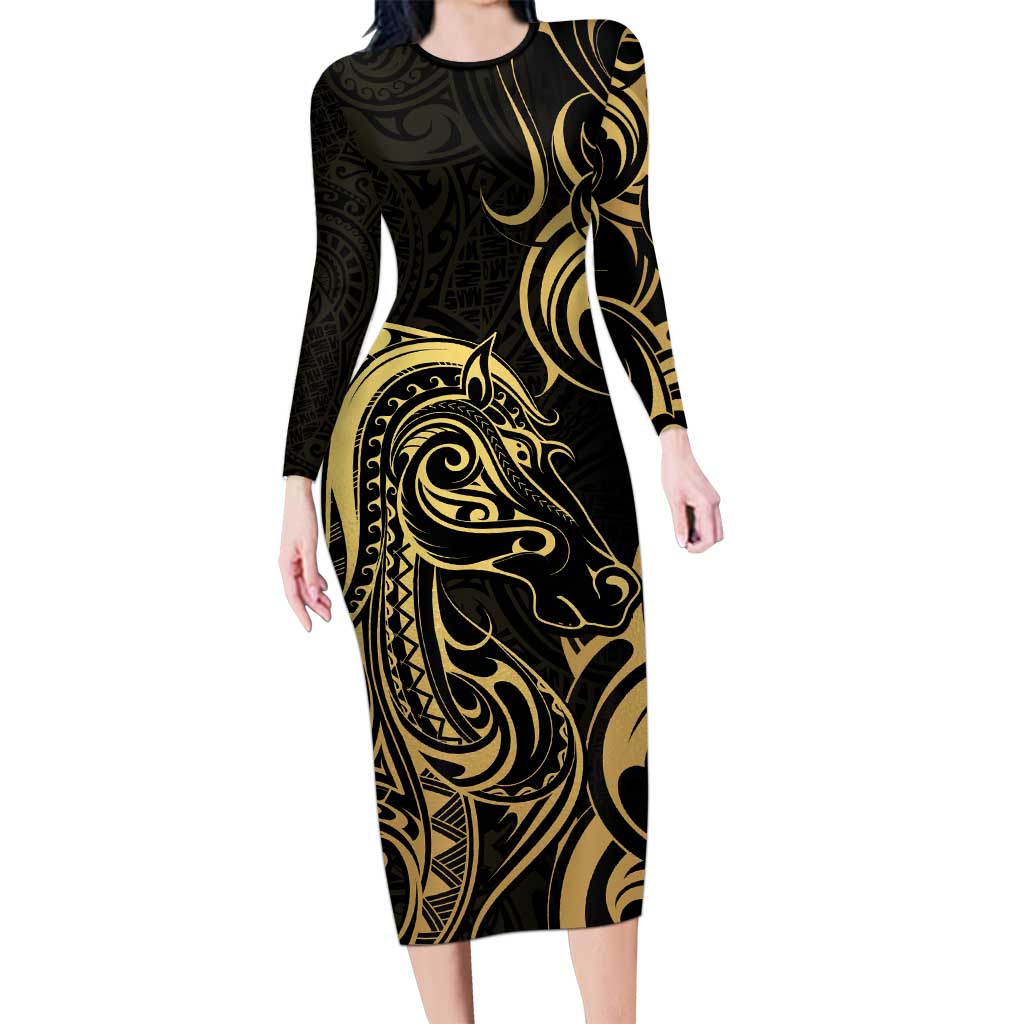 Gold And Black Aoteara Horse Racing Long Sleeve Bodycon Dress NZ Maori Pattern