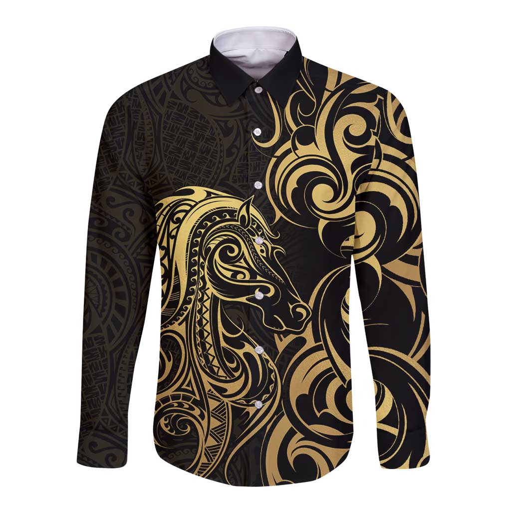 Gold And Black Aotearoa Horse Racing Long Sleeve Button Shirt NZ Maori Pattern LT14 Unisex Black - Polynesian Pride