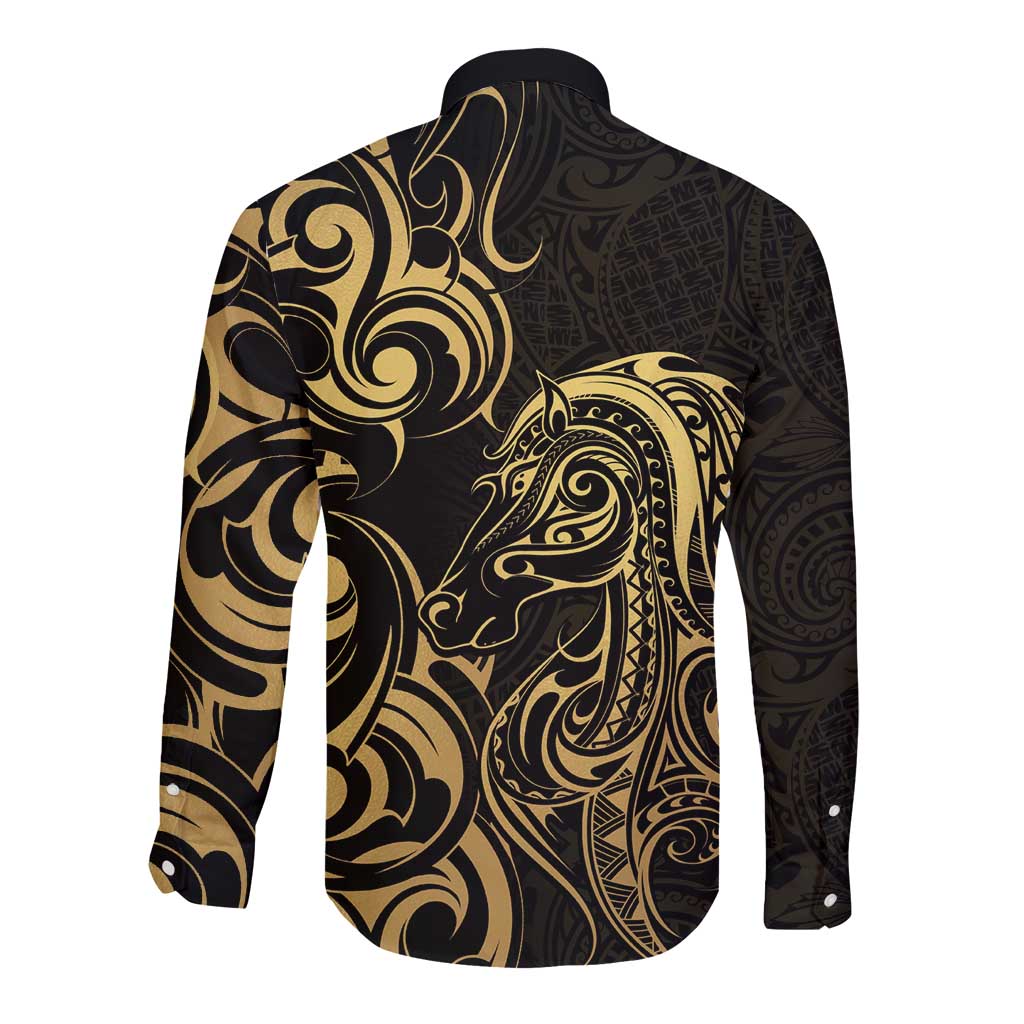 Gold And Black Aotearoa Horse Racing Long Sleeve Button Shirt NZ Maori Pattern LT14 - Polynesian Pride