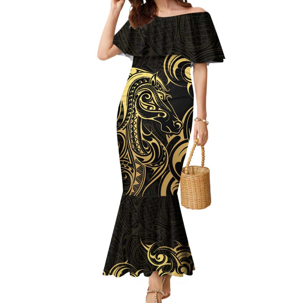 Gold And Black Aotearoa Horse Racing Mermaid Dress NZ Maori Pattern LT14 Women Black - Polynesian Pride