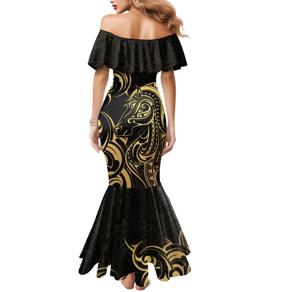 Gold And Black Aotearoa Horse Racing Mermaid Dress NZ Maori Pattern LT14 - Polynesian Pride