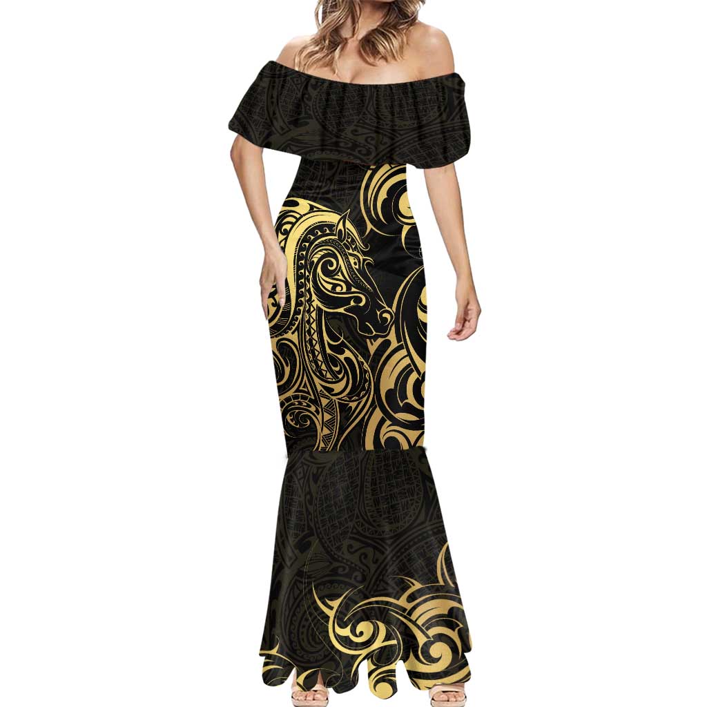 Gold And Black Aotearoa Horse Racing Mermaid Dress NZ Maori Pattern LT14 - Polynesian Pride