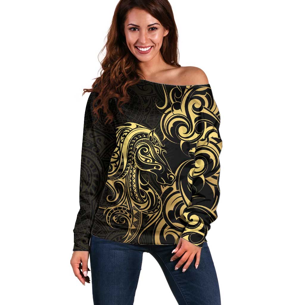 Gold And Black Aoteara Horse Racing Off Shoulder Sweater NZ Maori Pattern