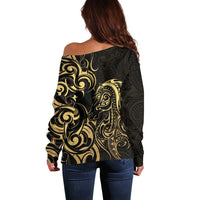 Gold And Black Aoteara Horse Racing Off Shoulder Sweater NZ Maori Pattern