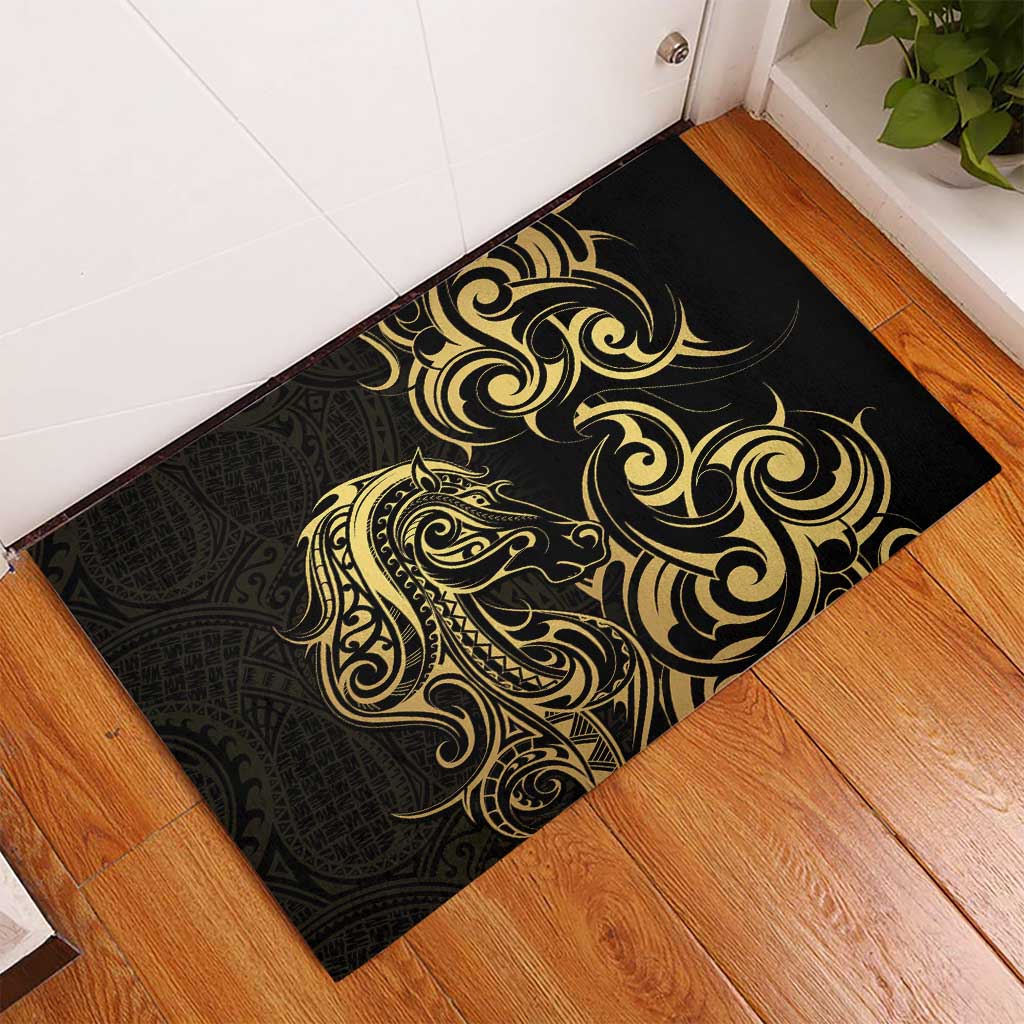 Gold And Black Aoteara Horse Racing Rubber Doormat NZ Maori Pattern