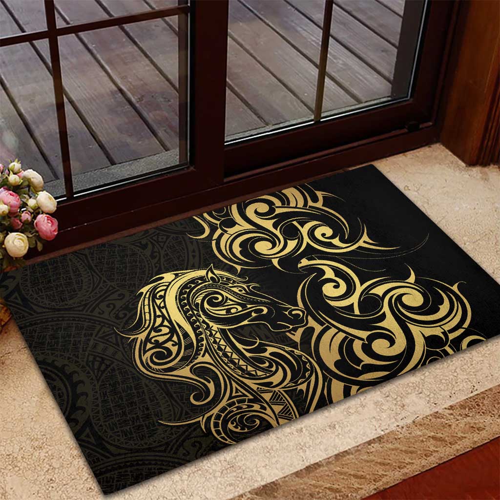 Gold And Black Aoteara Horse Racing Rubber Doormat NZ Maori Pattern